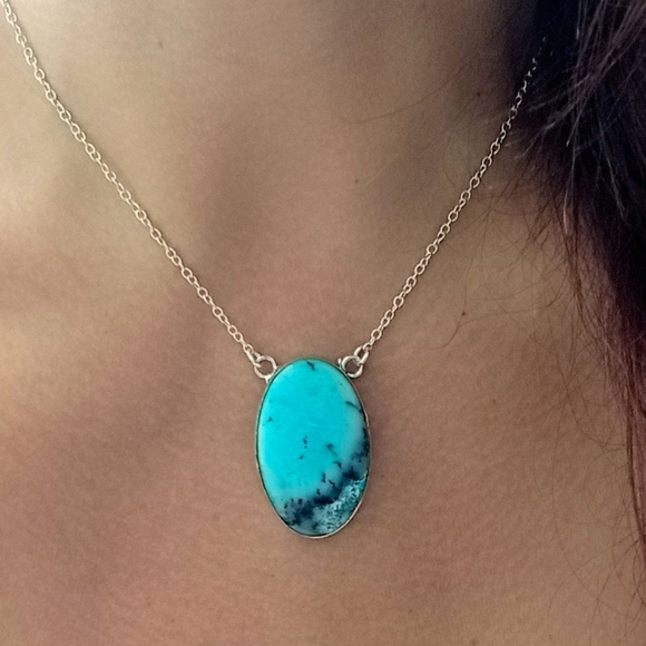 Aqua Dendritic Opal Gemstone Pendant Necklace